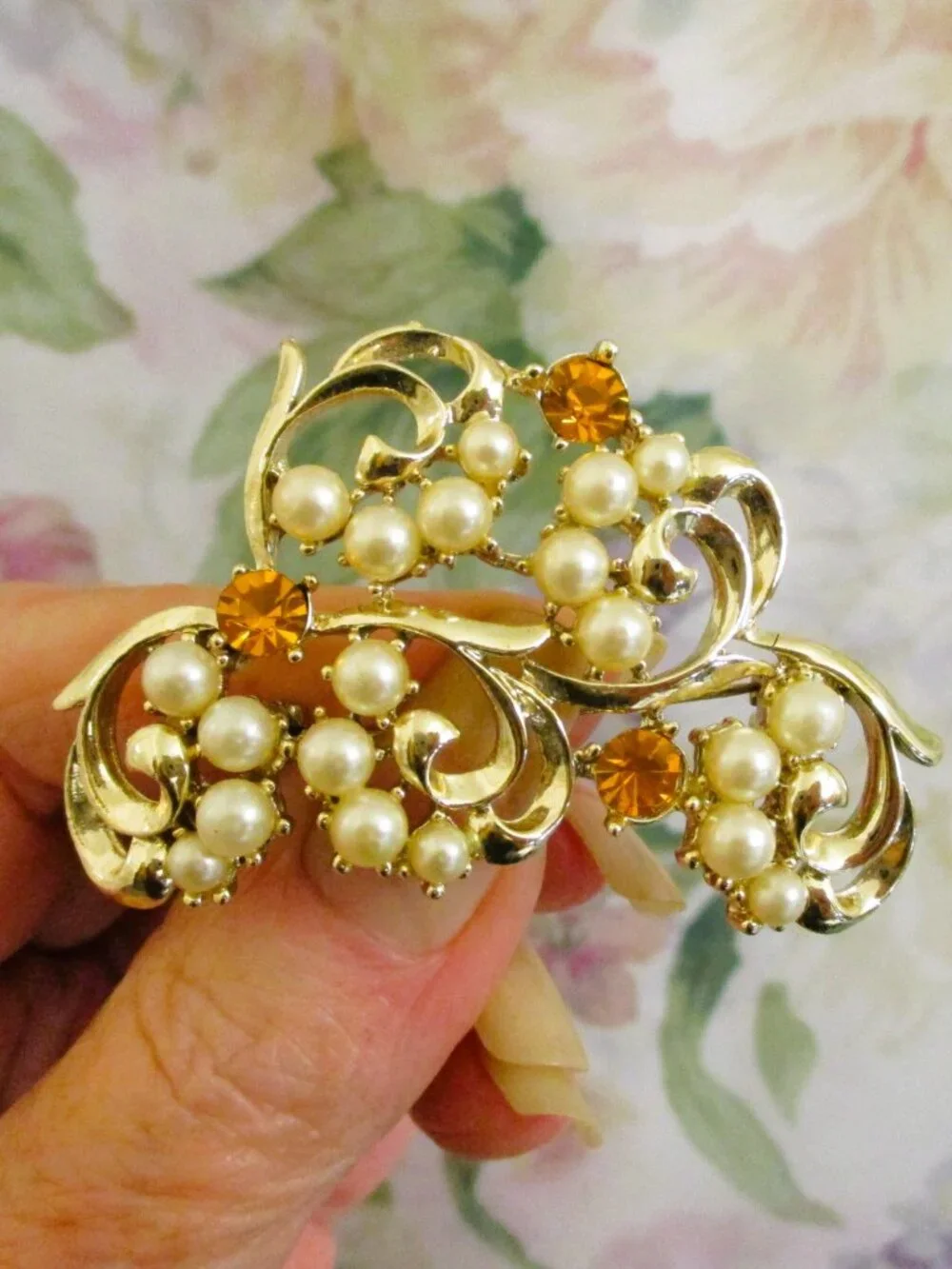 Vintage ART NOUVEAU Brooch: Goldenrod Rhinestone Pearl Swirl, Gold Plate